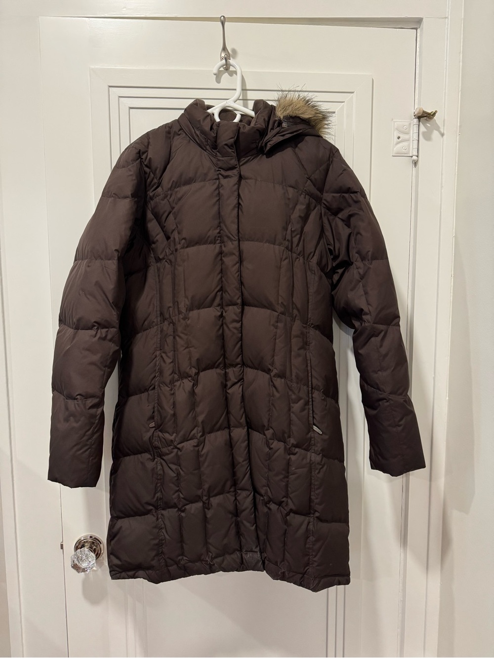 Eddie Bauer Lodge Down Parka Coat Faux Fur Hood Brown Womens Size Large Tall
